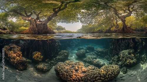 Ancient Mangrove Forest at High Tide: Intricate Roots and Crystal Clear Waters in a Split Shot, Capturing Both Above and Below Elements in National Geographic Style.