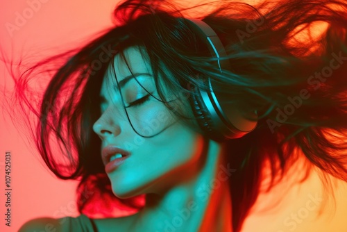 A woman wearing headphones sitting somewhere