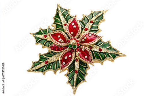 A small, decorative brooch or pin featuring a colorful flower design in red and green