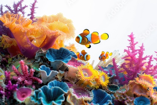 School of bright orange clownfish swimming together in the ocean