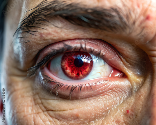 A close-up of an eye with a red, broken blood vessel, creating a striking contrast with the white sclera and adding intensity to the gaze...