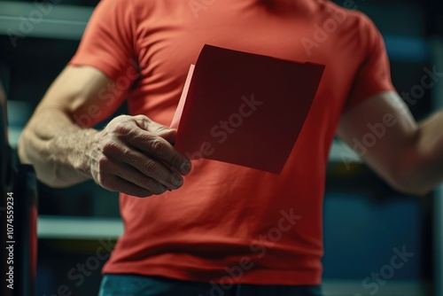 A person wearing a bright red shirt holds a book of the same color, likely a symbol of passion or enthusiasm