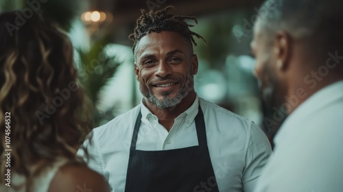 A bearded man wearing an apron stands engaging warmly with two people, creating an inviting and hospitable atmosphere indicative of personable service.