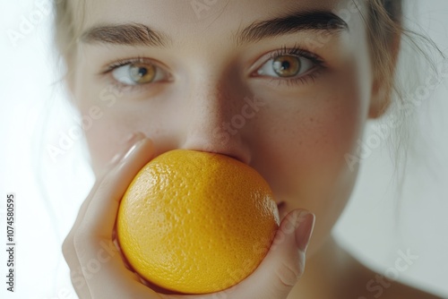 A woman holds an orange in front of her face, concealing her identity