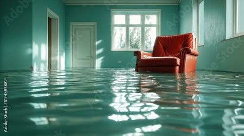 A flooded room with a red armchair partially submerged in clear water, bathed in calming natural light, creating a juxtaposition of tranquility and chaos.