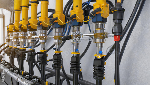 Close-up view of industrial pneumatic tools connected to a compressed air system, with hoses and valves visible. The setup showcases precision and technology in a manufacturing environment