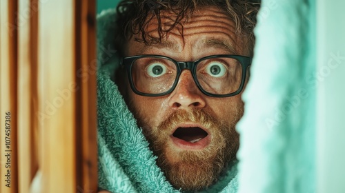 A startled man wrapped in a towel with wide eyes and glasses, embodying surprise or shock in a humorous context, with an exaggerated reaction captured vividly.