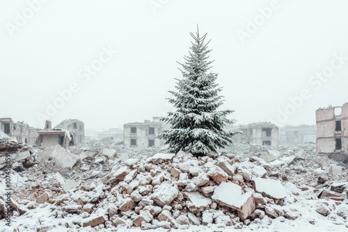 A lone tree stands amidst debris, isolated from its surroundings