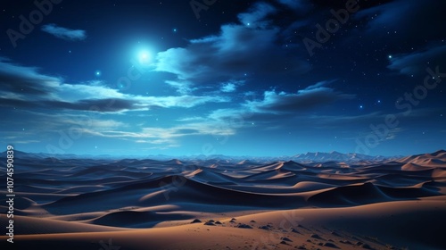 A desert landscape with a starry sky and clouds