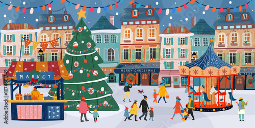 Christmas market 2025. Vector cute illustration of city decorated winter festive square with Christmas tree, kiosk, houses, people, family, carousel with horses for greeting card, background or banner