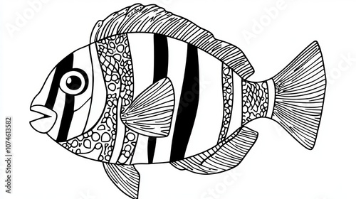 Tropical Fish Line Art Illustration for Coloring Books. Outline Drawing of Marine Animals.