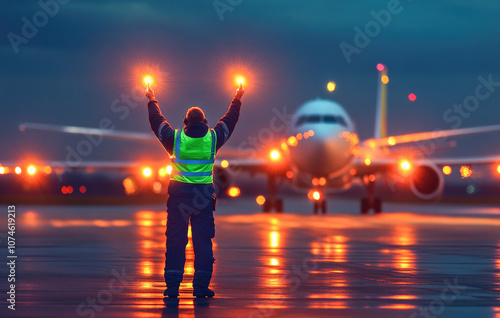 Airport ground staff guiding airplane with light wands at dusk, symbolizing precision, safety, and teamwork. 