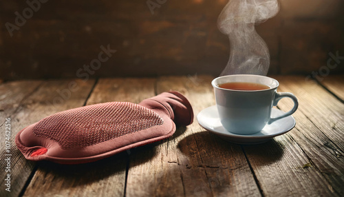 Hot Water Bottle with a Cup of Tea on a Wooden Table