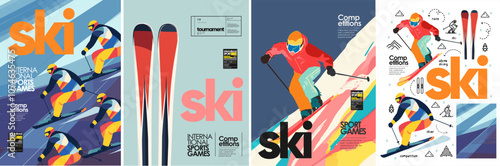 Skiing. Ski. Vector sport illustration of skier, alpine skis, ski race, equipment, snow mountain for poster, background, cover or flyer