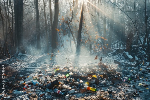 Tranquil snow-covered forest disrupted by litter