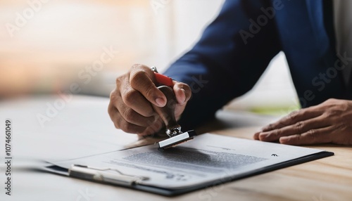 Businessman validates and manages business documents and agreements, signing a business contract approval of contract documents confirmation or warranty certificate,approval stamp