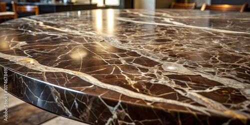 Close-up of a polished brown marble table surface with natural veining and a subtle sheen reflecting light.