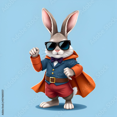 Rabbit dressed as a superhero with sunglasses and stylish clothes, poses confidently on a blue background, embodying fearlessness and fun