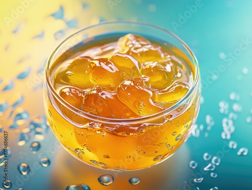 Drink with floating pearls, likely a cocktail with citrus and bubbles