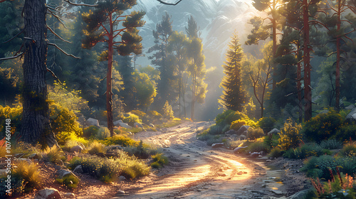 Sunlit forest path on serene morning scene