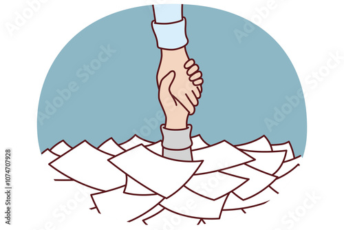 Hand among papers and documents asks for help and salvation from bureaucracy and overabundance paperwork that causes burnout. Helping hand for person suffering from work overload or bureaucracy