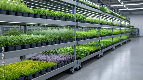 Efficient and modern indoor urban farm with vertically stacked layers of plants each shelf brightly lit by LED lights