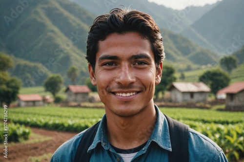 Close portrait of a smiling young Guatemalan male farmer standing and looking at the camera, outdoors Guatemalan rural blurred background