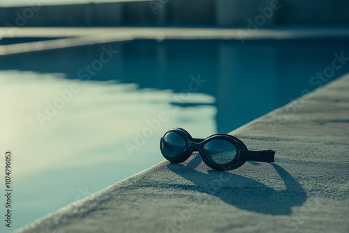 Swimming goggles resting by the edge of an outdoor pool, capturing a serene moment of summer relaxation and water activities