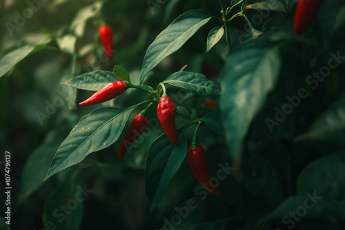 Red chili peppers on green stems growing in a garden, representing spicy, organic produce in a natural setting