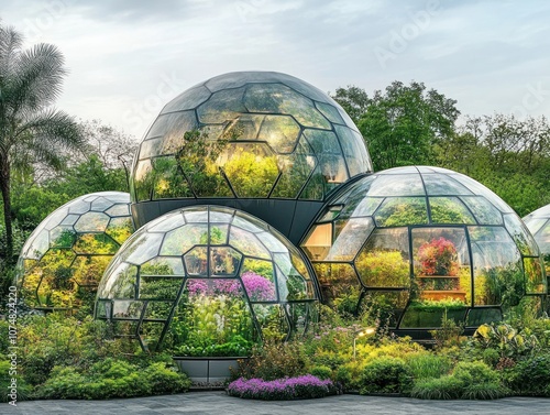 Futuristic biosphere buildings with self-sustaining ecosystems, designed for sustainable urban environments