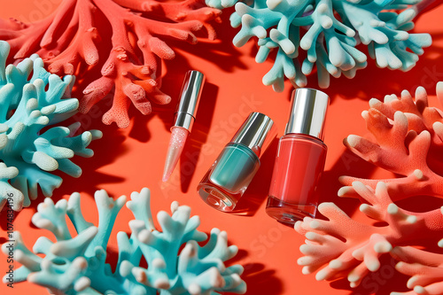 High angle view of bottle and samples of nail polish near manicure instruments on white background