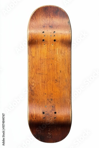 Worn wooden skateboard deck with holes.