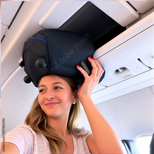 Ready for Takeoff: A young woman stows her carry-on bag in the overhead compartment, preparing for her journey ahead.