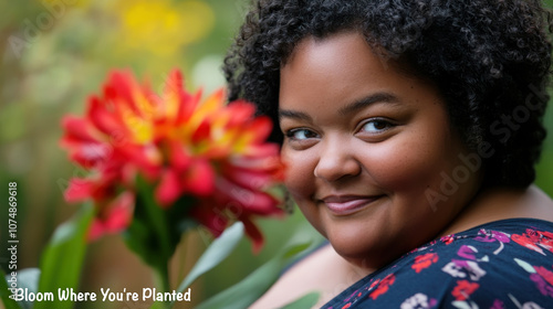 Confident plus size woman winking in floral garden setting for empowerment design