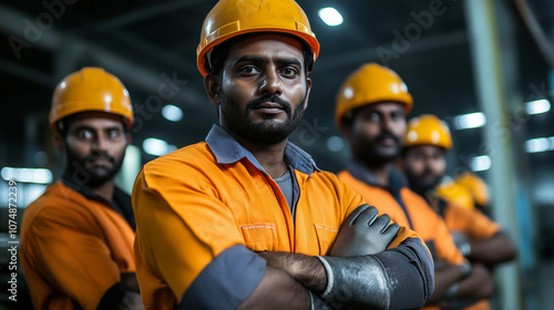 Indian factory workers pose together in a well-lit industrial space, all wearing safety helmets and gloves, expressing pride in their work and dedication to safety protocols.