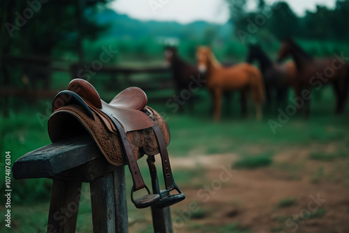 A rustic wooden saddle resting on a fence post with a group of horses grazing peacefully in the background during twilight at a serene equestrian farm