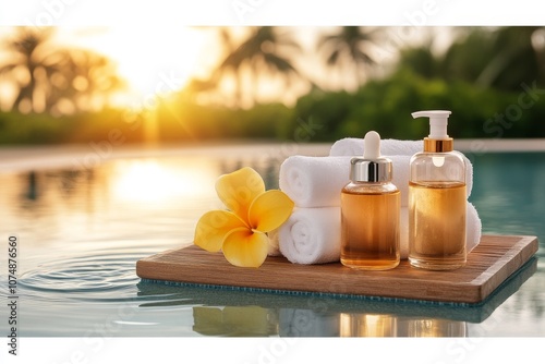  Productos de spa sobre una bandeja de madera junto a una piscina, decorados con flores y toallas al atardecer. 