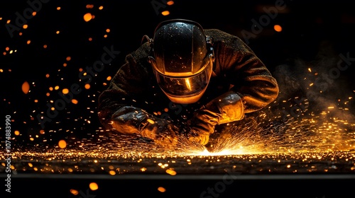 Industrial welder working with flying sparks and protective mask, captured in metal workshop with dramatic orange glow and atmospheric lighting.