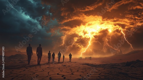 Silhouettes of displaced people walking across a cracked, parched landscape beneath a stormy sky with lightning, symbolizing climate displacement and the refugee crisis.