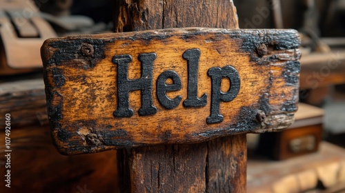 A rustic, weathered wooden sign with the word Help written in bold, black letters, displayed against an antiquated wooden post in a seemingly historical setting