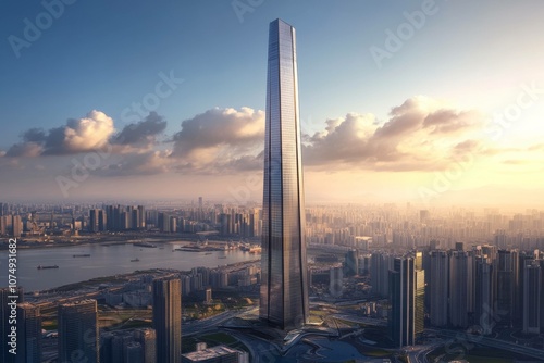 Stunning Skyscraper at Sunset: A majestic, slender skyscraper pierces the clouds at sunset, overlooking a sprawling cityscape. The image evokes a sense of ambition, progress, and modern architecture.