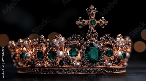 A magnificent, ornately designed crown embellished with emerald jewels and pearls captures timeless elegance, reminiscent of royal regalia, wealth, and prestige.