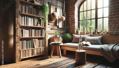 rustic living room with bookshelf and sofa