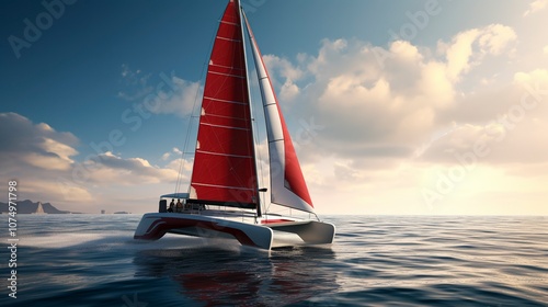 A photo of a modern trimaran sailing