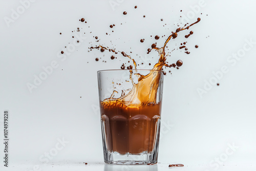 Chocolate beverage splashes dramatically from a glass on a neutral backdrop, capturing the moment of impact vividly. Generative AI