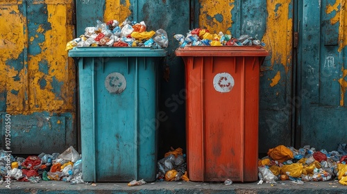 close-up of a brightly colored recycling bin beside a traditional garbage bin, both overflowing with mixed waste, emphasizing the importance of recycling and environmental responsibility