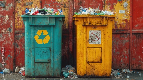 close-up of a brightly colored recycling bin beside a traditional garbage bin, both overflowing with mixed waste, emphasizing the importance of recycling and environmental responsibility