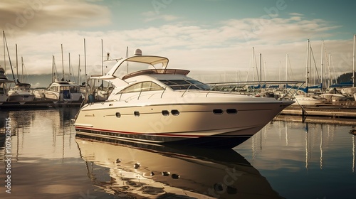 A photo of a stylish cabin cruiser docked