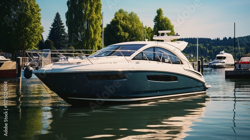 A photo of a stylish cabin cruiser docked