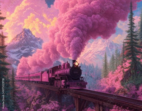 There is a pink train in a fantastic land, Róowy pojazd w fantastycznej krainie.